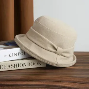 Vintage pleated wool bucket hat for women, casual wide brim cloche hat, stylish autumn accessory.