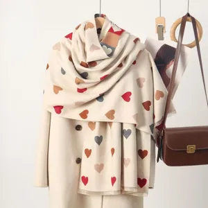 Cozy imitation cashmere winter scarf with multi-color hearts, elegant shawl for women.