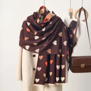 Women Faux Cashmere Scarf Jacquard Heart Pattern Thick Warm Winter Shawl With Tassels Soft Fashionable Scarf For Office Daily Wear