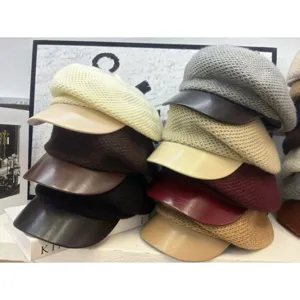 Berretto Newsboy in Maglia da Donna Visiera in Pelle PU Berretto Ottagonale Casuale Colore a Contrasto Cappello Invernale Autunnale Copricapo