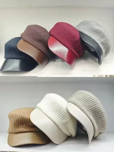Women's knitted beret hat with leather brim, winter casual vintage painter newsboy cap multi color.