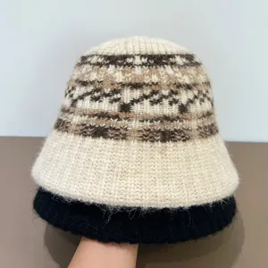 Knit bucket hat women winter warm ethnic geometric pattern plush furry basin hat stylish