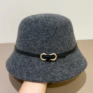 Women autumn grey felt bucket hat with chic leather strap and metal buckle elegant design