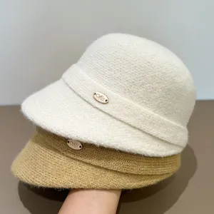 Korean retro knitted bucket hat for women, autumn and winter warm wide-brim basin hat.