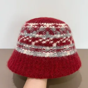 Knit bucket hat, ethnic style plush warm basin hat, autumn winter fashion hat details.
