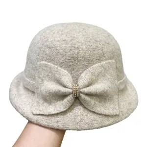 Chic Women Elegant Wool Felt Bucket Hat Autumn Winter Fashion Bowknot Basin Caps Hot