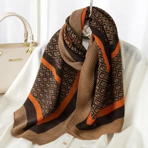 Women's pleated scarf winter warm fashion shawl geometric patterned neckerchief autumn