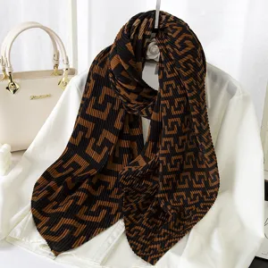 Stylish pleated geometric pattern scarf for women, warm winter fashion shawl and neck warmer.