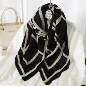 Black and beige geometric print pleated scarf, elegant long shawl for women and daily wear.