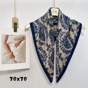 Women's blue and white print square scarf 70x70cm, elegant neckerchief for spring and summer.