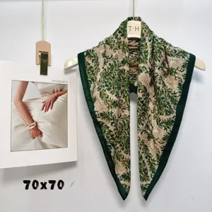 Elegant 70x70cm square silk scarf featuring a retro damask floral print in green and beige.