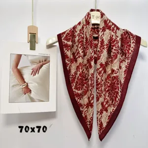 Elegant red and beige vintage print square scarf, 70x70cm classic silk feel neckerchief.