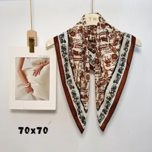 Elegant 70x70cm square silk scarf with vintage carriage print, lightweight and stylish women accessory.