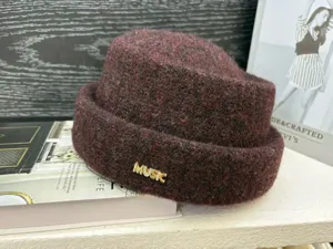Winter warm knit docker cap roll brim wool hat stylish casual solid color mens beanie hat