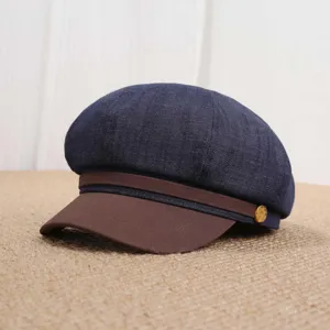 Casquette newsboy en denim rétro coréen avec visière marron, vue détail octogonale.