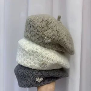 Knit beret set with pearl heart decor, stylish retro French painter hat for women autumn winter