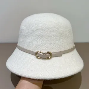 White wool bucket hat for women autumn winter fashion elegant leather belt metal buckle cap