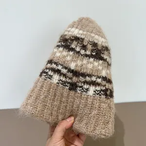 Autumn winter ethnic pattern knitted beanie warm plush cap casual cozy winter hat for women.