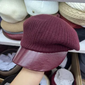 Women's Winter Knitted Beret Hat Solid Color Polyester PU Leather Brim Vintage Painter Cap Fashion Casual Headwear