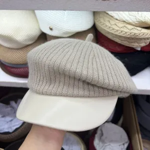 Women winter knitted beret hat with faux leather brim stylish casual painter cap khaki