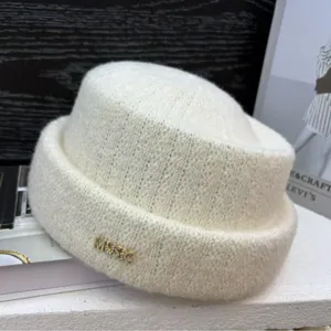 Winter Warm Thickened Knitted Hat Unisex Minimalist Solid Color Beanie With Metal Letter Decoration Daily Casual Hat