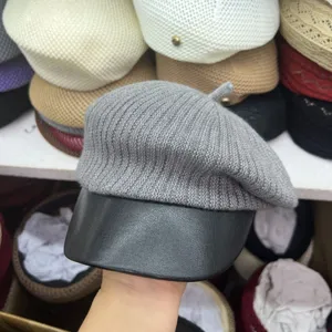 Grey knit beret for women winter vintage painter hat with black leather brim chic stylish