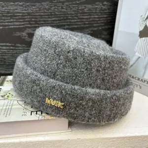 Winter warm knitted wool hat men and women fashion casual rolled brim docker cap grey.