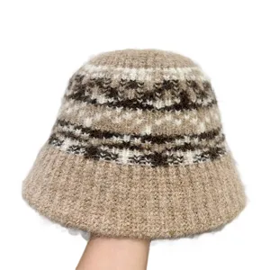 Autumn winter ethnic style knitted bucket hat for women plush warm fuzzy basin cap chic