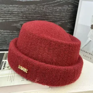 Winter warm red woolen bucket hat for women casual stylish fashion winter solid color hat