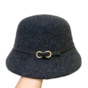 Women grey felt bucket hat with black leather strap and gold metal buckle retro autumn cap