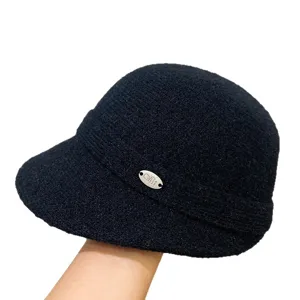 Women winter black wool bucket hat retro warm basin hat stylish wide brim casual fashion cap