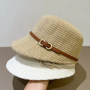 Classic knit bucket hat featuring a chic leather belt and metal buckle for autumn winter.