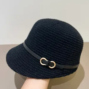 Black knitted bucket hat for women winter warm retro fisherman hat with chic belt buckle