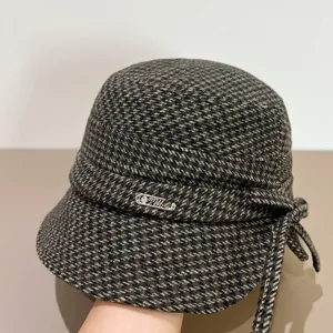 Kariertes Tweed-Fischerhut für Damen, Herbst Winter stilvoller Becherhut mit Schleifendetail.