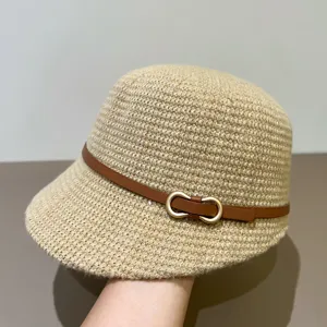 Stylish women autumn winter knit bucket hat with brown belt and gold buckle for daily wear.
