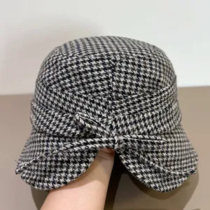 Klassischer Hahnentritt Fischerhut Damen Herbst Winter Mode elegante Schleife Beckenmütze