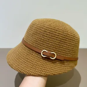 Women's retro knitted fisherman hat with leather belt and metal buckle, warm winter hat.