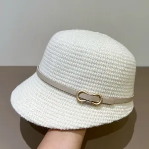 Women's autumn winter knitted bucket hat with belt elegant warm casual cap white