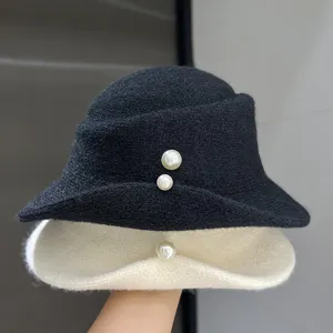 Korean style autumn winter wool bucket hat with elegant faux pearls, rolled brim fashion cap.