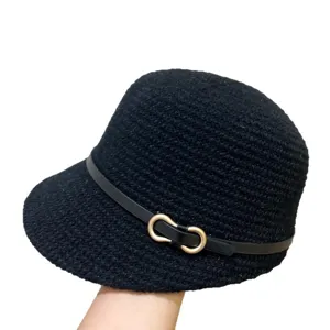 Women Black Knit Bucket Hat Vintage Winter Warm Basin Hat with Elegant Gold Metal Buckle