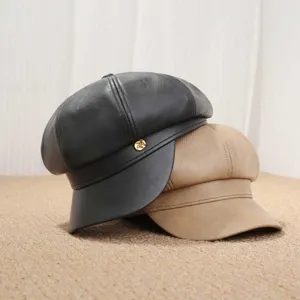 Gorra de newsboy de cuero PU para mujer sombrero octogonal retro elegante sombrero chic