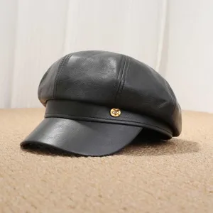 Gorra Newsboy de Cuero PU para Mujer Estilo Británico Vintage Sombrero Octogonal Color Sólido Boina Ajustable Para Otoño Invierno