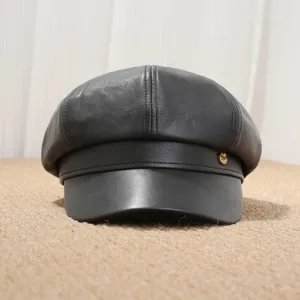 Gorra de marinero negra de piel sintética para mujer, sombrero octogonal retro con botón.