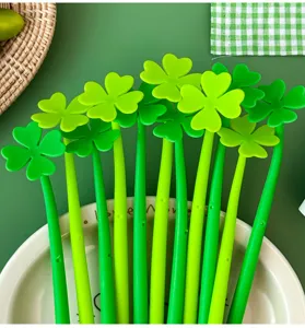 Cute four-leaf clover silicone gel pen set, fresh green design, smooth black ink writing.