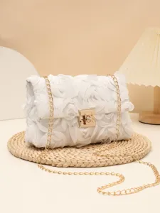 Elegant white floral evening shoulder bag with gold chain strap and metal lock detail.