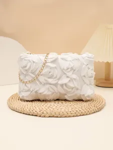 White floral evening clutch bag with gold chain strap, elegant shoulder bag for women parties.