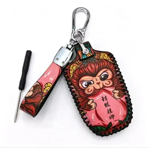 Porte-clés de voiture singe zodiaque style chinois cousu main en étui cuir.