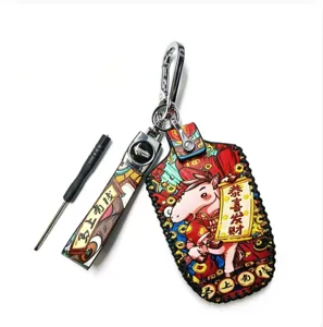 Porte-clés de voiture zodiaque chinois fait main, étui en cuir élégant avec outils.