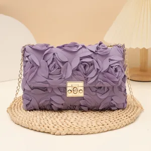 Women purple floral crossbody bag evening clutch bag with metal chain strap and lock clasp