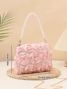 Pink rose pearl handbag for women, elegant evening crossbody bag with metal chain strap.